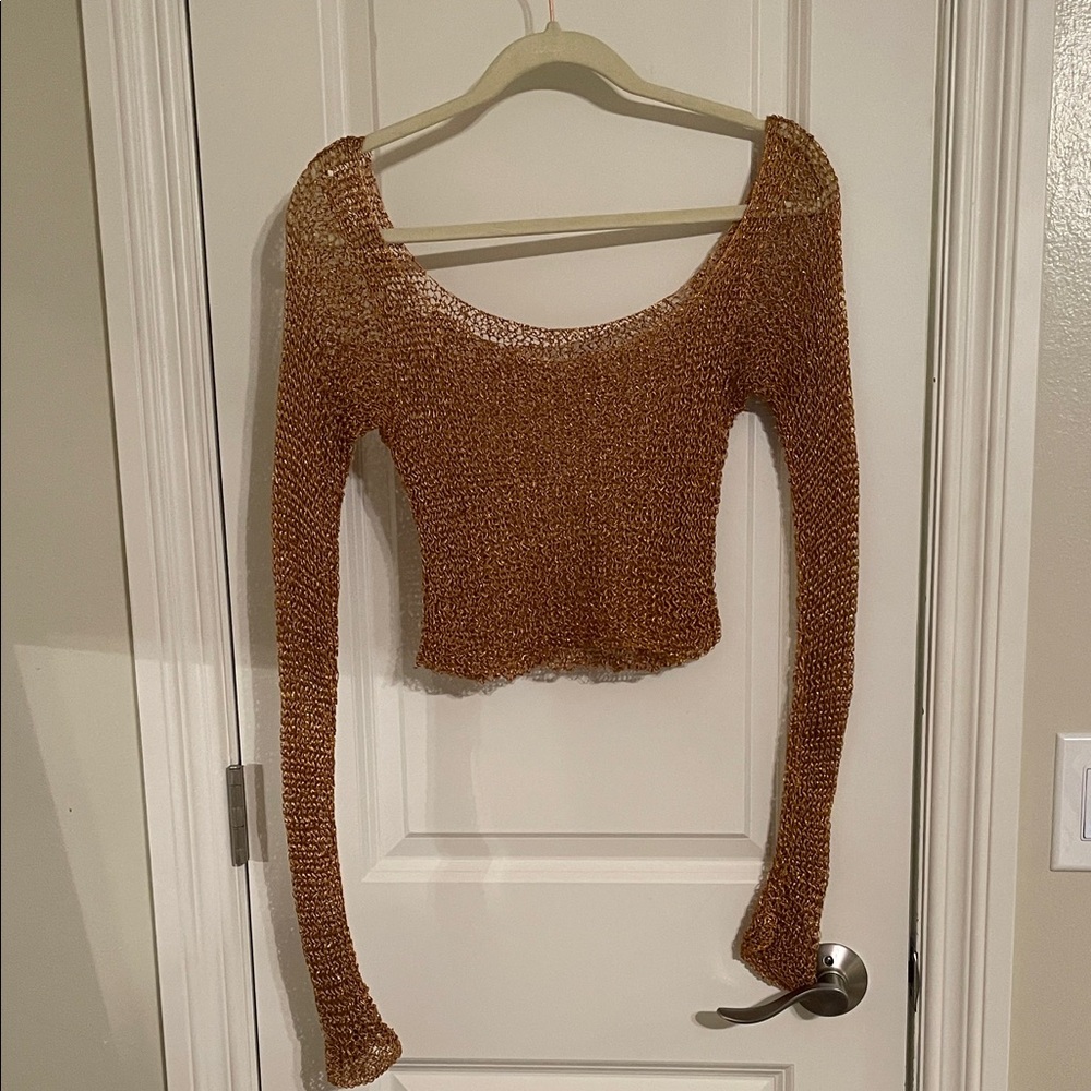 Gold Metallic Knit Long Sleeve Crop Top/Sweater - circa 90s